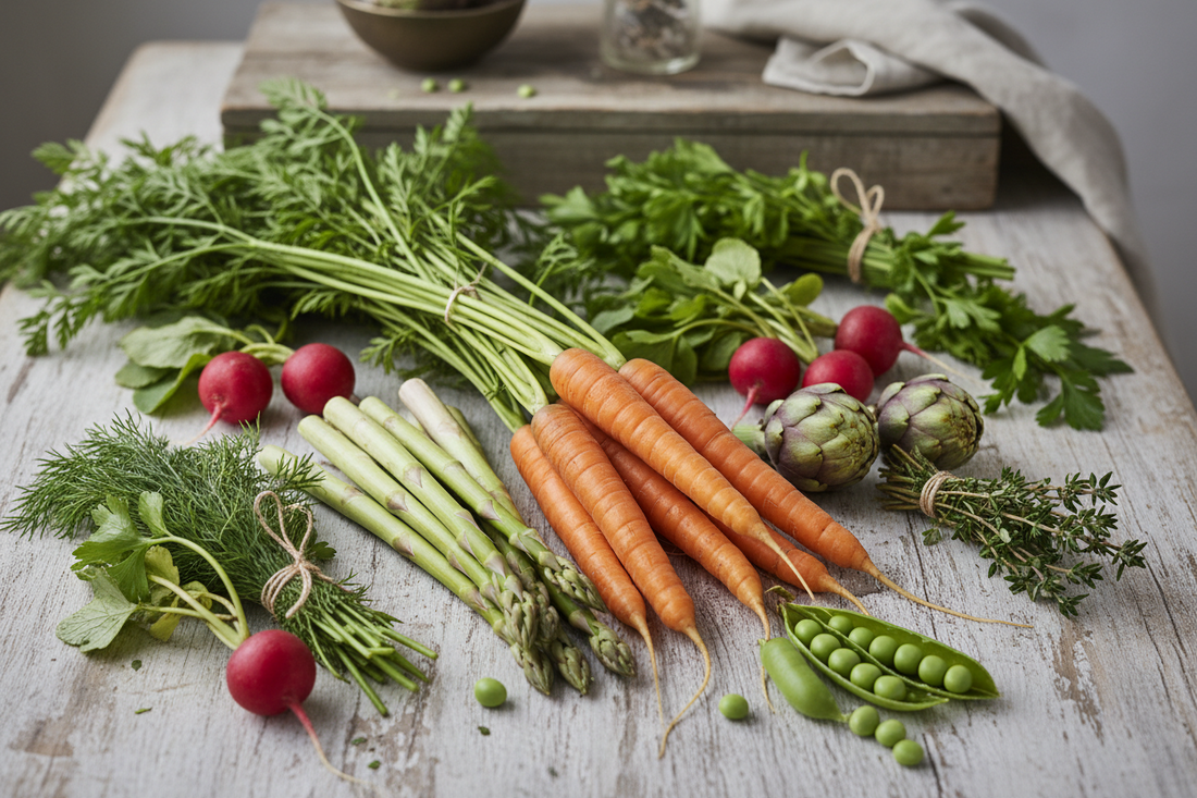Ustensiles cuisine pour légumes de printemps - carottes, radis, asperges, couteau et économe"