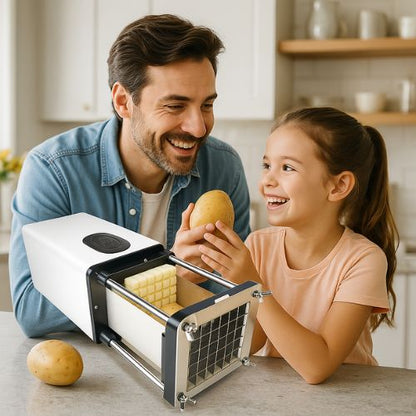 coupe frite electrique avec sourire de satisfaction
