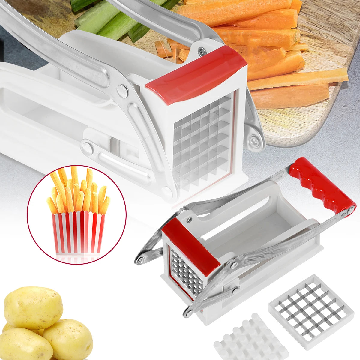 coupe frite multifonction en usage avec frites
