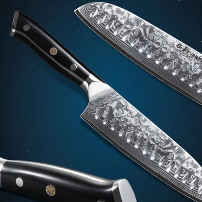 Couteau japonais Santoku lame manche acier Damas
