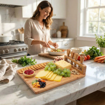 Planche à découper en bois de bambou naturel utilisée pour la préparation culinaire avec légumes frais