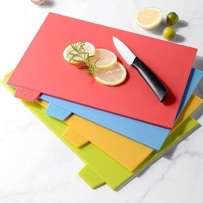 Planche a decouper plastique 4 couleurs vert jaune bleu rouge
