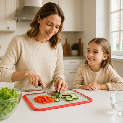 Planche a decouper verre trempé utilisation cuisine familiale
